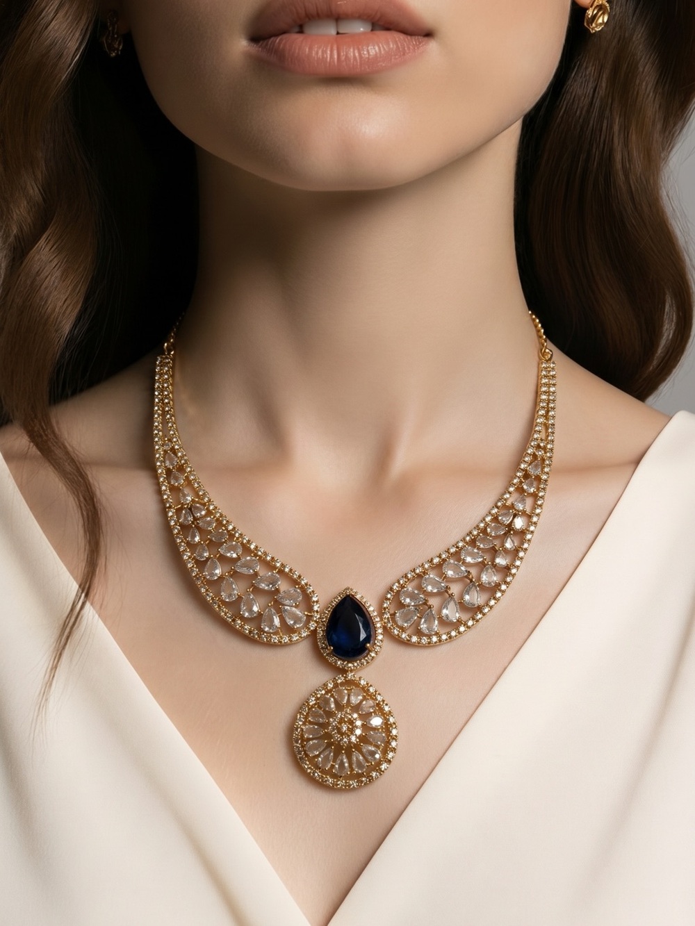 Gold-Tone Necklace and Earrings Set with Blue Teardrop Stones